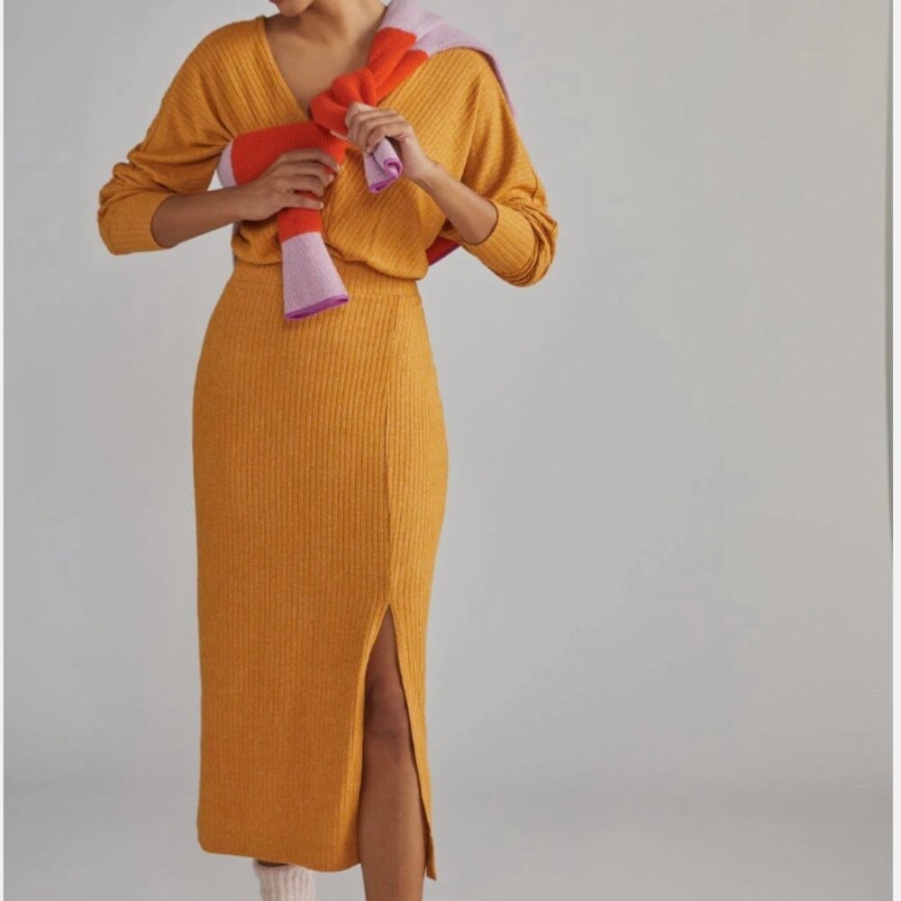Anthropologie Golden Mustard Ribbed V-Neck Long-Sleeve Midi Dress